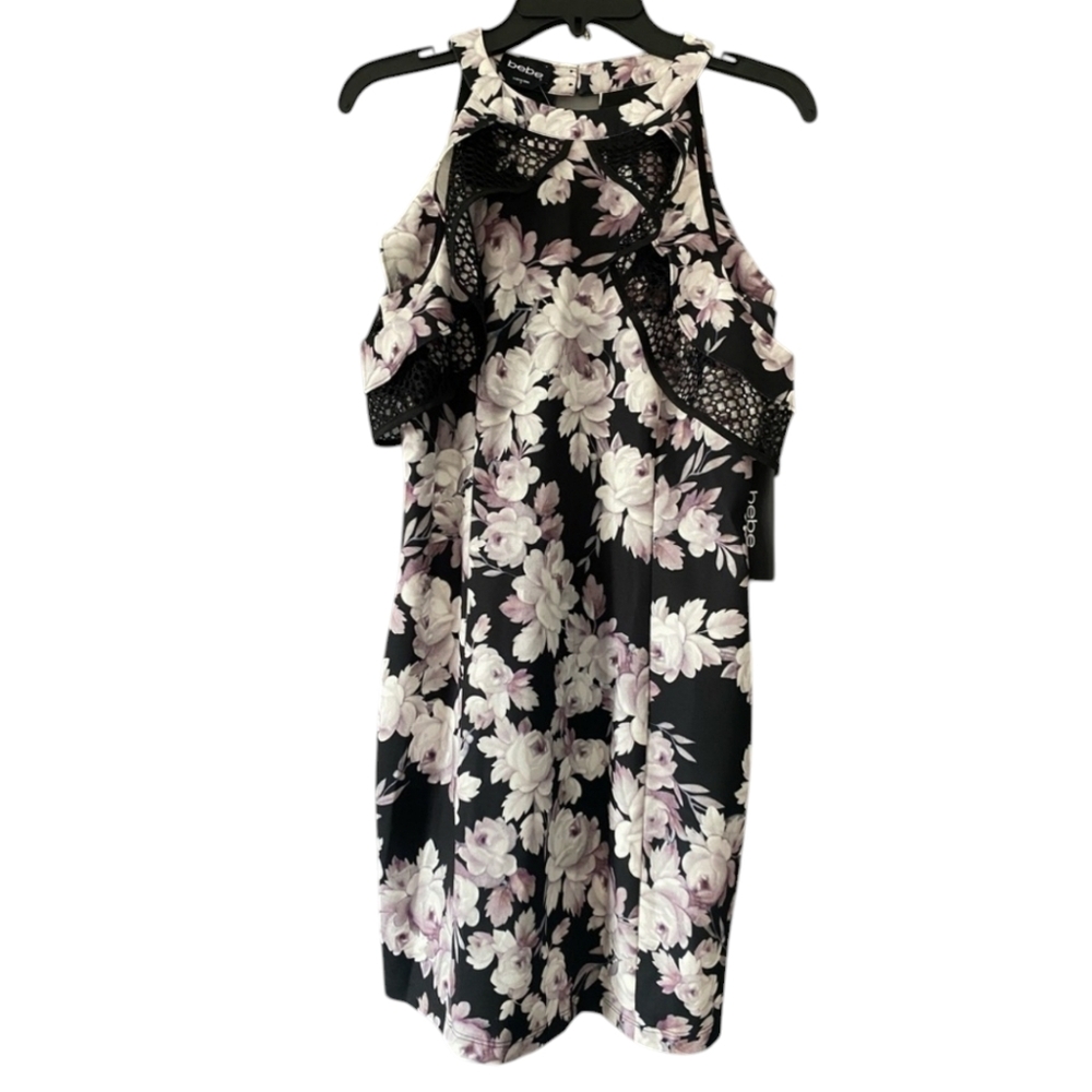 Bebe 8 Black & Pink Floral Mini cocktail dress Cold Shoulder Ruffle - Picture 4 of 16